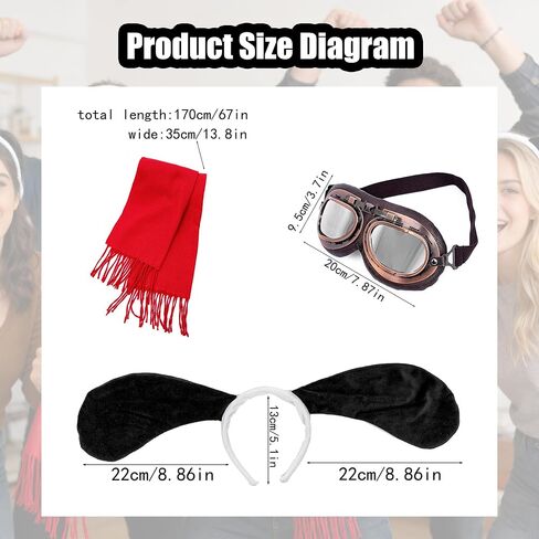 MORTICIA 3pcs Halloween Cosplay Dog Costume Accessories Set with Aviator Goggles, Black Ears Headband, Red Scarf, Cosplay Animal Theme Party and Festival Activities Dress Up Kit for Adults Women in Kuwait
