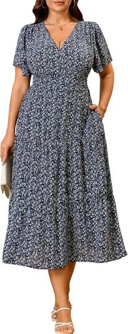 RWJ Plus Size Dresses for Women 2026 Summer Floral Short Sleeve Wrap V Neck Flowy Beach Vacation Maxi Dress with Pockets in Saudi Arabia