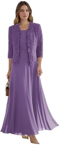 2Pcs Mother of The Bride Dresses with Jacket Lace Chiffon Tea Length 3/4 Sleeve Formal Dress for Wedding Guest SA003 in Kuwait