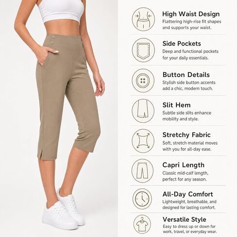 Capri Leggings for Women High Waisted Straight Leg Capris with Pockets Stretch Casual Yoga Pants Work Golf Trousers in Kuwait