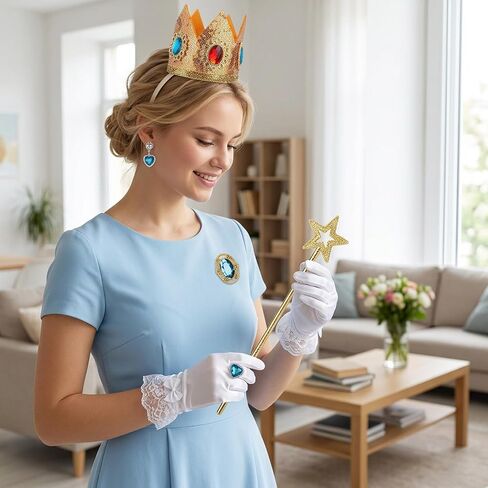5PCS Princess Peach Accessories, Crown Headband/Earrings/Ring/Brooch/Gloves/Fairy Wand, Perfect for Hallowen Princess Cosplay Birthday Party in Saudi Arabia
