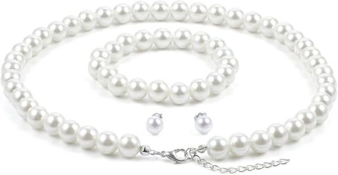 Pearl Necklace Set for Women, 8mm Women Faux Pearl Necklace Bracelet 4-Piece Pearl-necklace and Earring Set Includes Bracelet & Stud Earrings for Brides Bridesmaid Wedding Party in Saudi Arabia