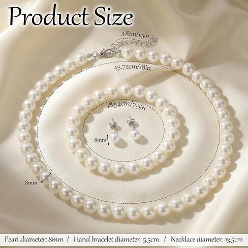 Pearl Necklace Set for Women, 8mm Women Faux Pearl Necklace Bracelet 4-Piece Pearl-necklace and Earring Set Includes Bracelet & Stud Earrings for Brides Bridesmaid Wedding Party in Saudi Arabia