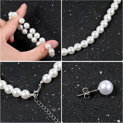 Pearl Necklace Set for Women, 8mm Women Faux Pearl Necklace Bracelet 4-Piece Pearl-necklace and Earring Set Includes Bracelet & Stud Earrings for Brides Bridesmaid Wedding Party in Saudi Arabia