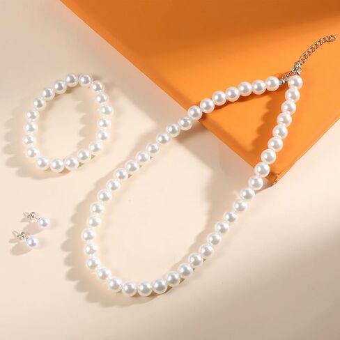 Pearl Necklace Set for Women, 8mm Women Faux Pearl Necklace Bracelet 4-Piece Pearl-necklace and Earring Set Includes Bracelet & Stud Earrings for Brides Bridesmaid Wedding Party in Saudi Arabia