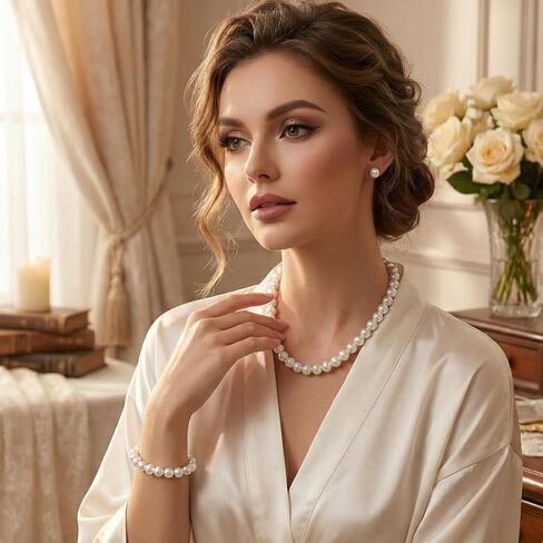 Pearl Necklace Set for Women, 8mm Women Faux Pearl Necklace Bracelet 4-Piece Pearl-necklace and Earring Set Includes Bracelet & Stud Earrings for Brides Bridesmaid Wedding Party in Saudi Arabia