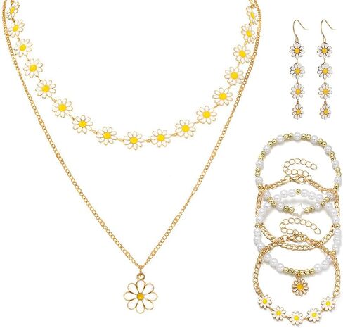 8 Piece Trendy Boho Daisy Jewelry Set for Women Gold Layered Necklace Dangle Earrings and Stackable Pearl Bracelets Cute Daisy Pearl Jewelry Summer Beach Party and Everyday Wear Ideal Gift for Her in Saudi Arabia