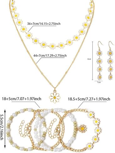 8 Piece Trendy Boho Daisy Jewelry Set for Women Gold Layered Necklace Dangle Earrings and Stackable Pearl Bracelets Cute Daisy Pearl Jewelry Summer Beach Party and Everyday Wear Ideal Gift for Her in Saudi Arabia