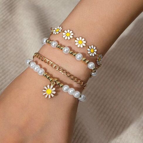8 Piece Trendy Boho Daisy Jewelry Set for Women Gold Layered Necklace Dangle Earrings and Stackable Pearl Bracelets Cute Daisy Pearl Jewelry Summer Beach Party and Everyday Wear Ideal Gift for Her in Saudi Arabia