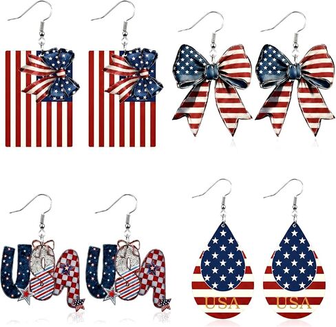 4th of July Earrings - 4 Pcs American Flag Bow Drop Letter Earring for Women, Red White and Blue Jewelry Set for Independence Day 250th Anniversary Patriotic Accessories in Saudi Arabia