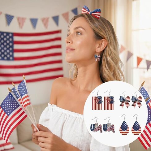 4th of July Earrings - 4 Pcs American Flag Bow Drop Letter Earring for Women, Red White and Blue Jewelry Set for Independence Day 250th Anniversary Patriotic Accessories in Saudi Arabia