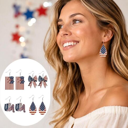 4th of July Earrings - 4 Pcs American Flag Bow Drop Letter Earring for Women, Red White and Blue Jewelry Set for Independence Day 250th Anniversary Patriotic Accessories in Saudi Arabia