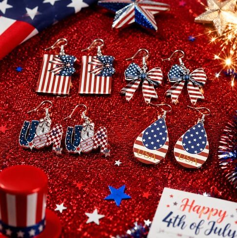 4th of July Earrings - 4 Pcs American Flag Bow Drop Letter Earring for Women, Red White and Blue Jewelry Set for Independence Day 250th Anniversary Patriotic Accessories in Saudi Arabia