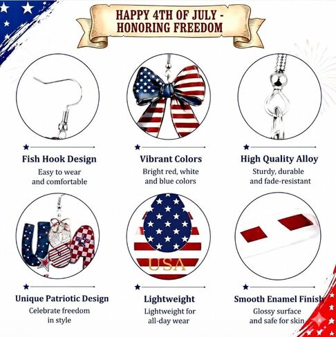 4th of July Earrings - 4 Pcs American Flag Bow Drop Letter Earring for Women, Red White and Blue Jewelry Set for Independence Day 250th Anniversary Patriotic Accessories in Saudi Arabia