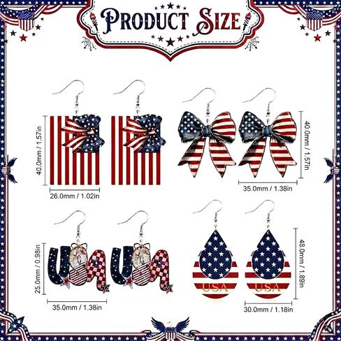 4th of July Earrings - 4 Pcs American Flag Bow Drop Letter Earring for Women, Red White and Blue Jewelry Set for Independence Day 250th Anniversary Patriotic Accessories in Saudi Arabia