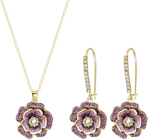 BriLove Rose Flower Necklace Earrings Set for Women Shiny Rhinestone Enamel Floral Fashion Jewelry Party Prom Accessories in Saudi Arabia