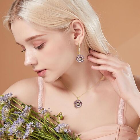 BriLove Rose Flower Necklace Earrings Set for Women Shiny Rhinestone Enamel Floral Fashion Jewelry Party Prom Accessories in Saudi Arabia