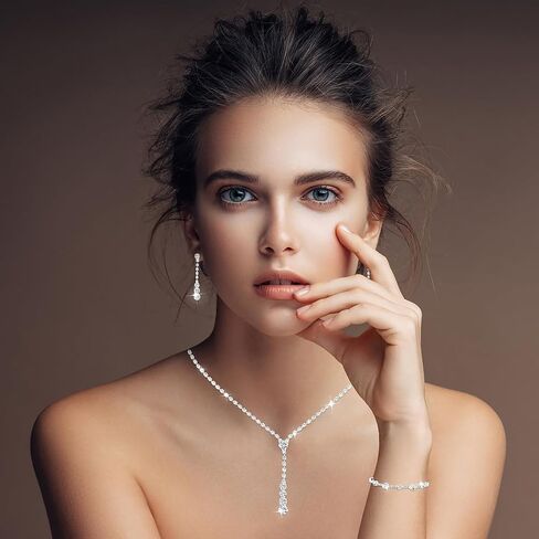 Yolev Bride Necklace Bracelet Earrings Set Crystal Wedding Jewelry Set Rhinestone Choker Necklace for Women in Kuwait