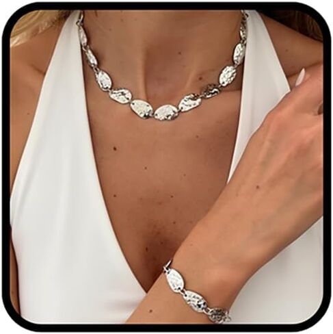 Bohemian Gold Hammered Necklace And Bracelet Set For Women, Chunky Vintage Irregular Geometric Metal Disc Sheet Adjustable Beach Statement Jewelry Gift in Saudi Arabia