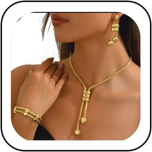 NIQIPOK Gold Long Choker Necklace Set 18k Gold Plated Irregular Y-Necklace Earrings Bracelet Fashion Chain Punk Jewelry for Women Valentine Anniversary Birthday Friendship Gift in Saudi Arabia