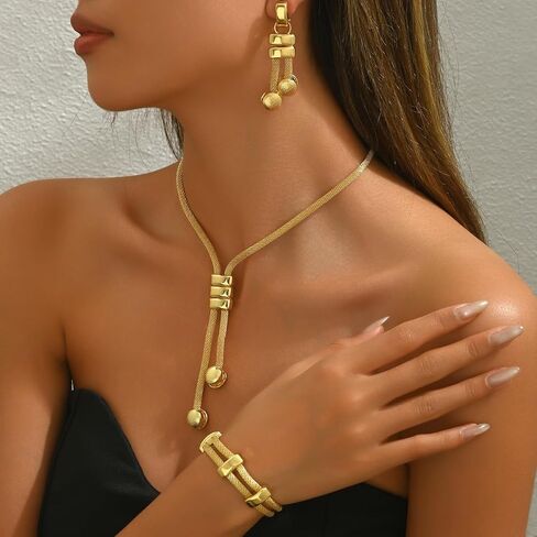 NIQIPOK Gold Long Choker Necklace Set 18k Gold Plated Irregular Y-Necklace Earrings Bracelet Fashion Chain Punk Jewelry for Women Valentine Anniversary Birthday Friendship Gift in Saudi Arabia