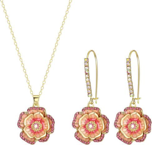 BriLove Rose Flower Necklace Earrings Set for Women Shiny Rhinestone Enamel Floral Fashion Jewelry Party Prom Accessories in Saudi Arabia