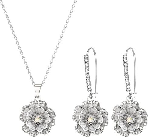 BriLove Rose Flower Necklace Earrings Set for Women Shiny Rhinestone Enamel Floral Fashion Jewelry Party Prom Accessories in Saudi Arabia