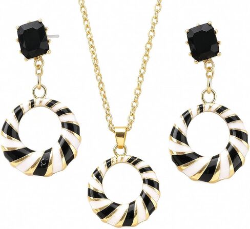 Women's Black White Striped Jewelry Set - Gold Plated Enamel Hoop Earrings + Circle Pendant Necklace Fashion Accessory (necklace ang earrings set) in Kuwait