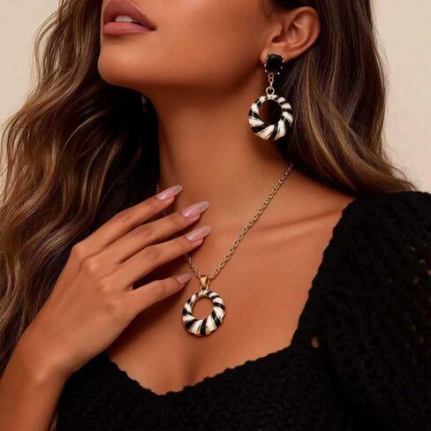 Women's Black White Striped Jewelry Set - Gold Plated Enamel Hoop Earrings + Circle Pendant Necklace Fashion Accessory (necklace ang earrings set) in Kuwait
