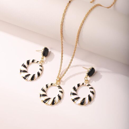 Women's Black White Striped Jewelry Set - Gold Plated Enamel Hoop Earrings + Circle Pendant Necklace Fashion Accessory (necklace ang earrings set) in Kuwait