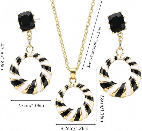 Women's Black White Striped Jewelry Set - Gold Plated Enamel Hoop Earrings + Circle Pendant Necklace Fashion Accessory (necklace ang earrings set) in Kuwait