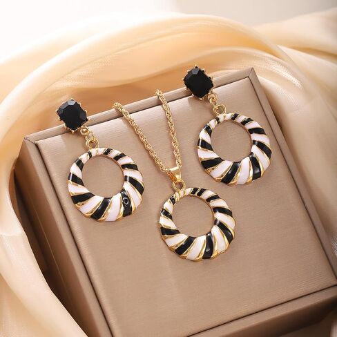 Women's Black White Striped Jewelry Set - Gold Plated Enamel Hoop Earrings + Circle Pendant Necklace Fashion Accessory (necklace ang earrings set) in Kuwait