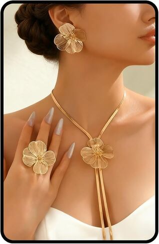 Baroque Pearl Jewelry Set for Women，3PCS Gold Long Herringbone Necklace Bracelet Ring Pearl Set Elegant Vintage Adjustable Trendy Jewelry Gift in Saudi Arabia