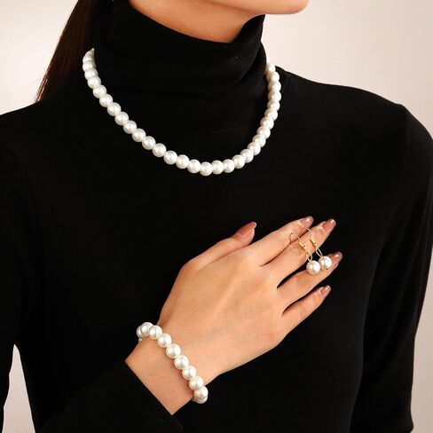4Pcs Jewelry Set,Pearl Necklace Bracelet Earrings Set for Wedding,Charming Women's Wedding Birthday Party Daily Wear Elegant Accessories for Special Occasions in Kuwait