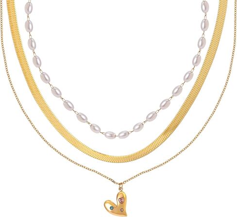 3 Piece Necklace Set for Women, Stainless Steel 18K Gold Plated Layering Necklaces, Chunky Bead & Pendant Choker Chain, Stackable Gift for Her in Saudi Arabia