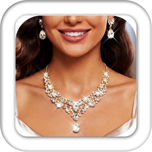 GORAIS Rhinestone Jewelry Sets Formal Wedding Jewelry for Brides | Gold Prom Cocktail Jewelry Fashion Bridal Necklace and Earrings Sets for Women in Kuwait