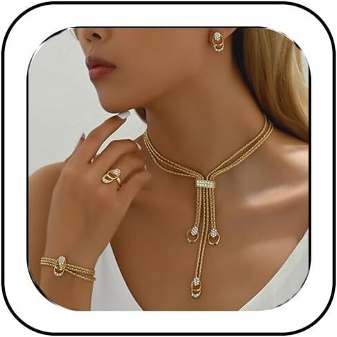 NIQIPOK Gold Long Choker Necklace Set 18k Gold Plated Irregular Y-Necklace Earrings Bracelet Fashion Chain Punk Jewelry for Women Valentine Anniversary Birthday Friendship Gift in Saudi Arabia