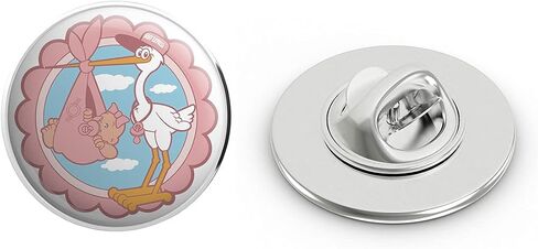 Simple Baby Shower Stork Delivery Cartoon Icon - It's a Girl Round Metal 0.75" Lapel Pin Hat Shirt Pin Tie Tack Pinback in Saudi Arabia