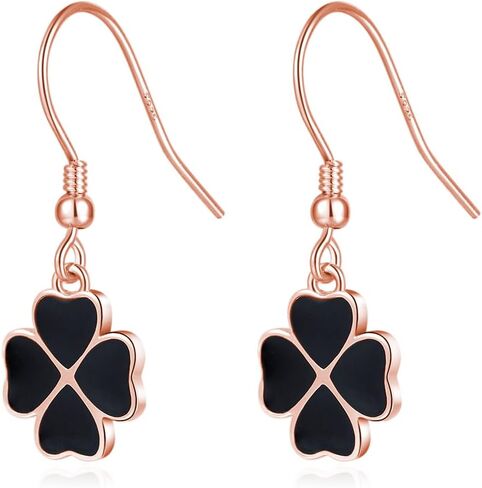 Reffeer الصلبة 925 فضة البرسيم زهرة إسقاط أقراط للنساء في سن المراهقة الفتيات الأسود زهرة استرخى أقراط السنانير لفصل الصيف والربيع in Kuwait