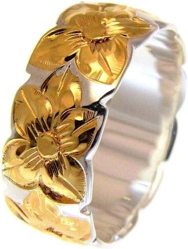 Arthur's Jewelry 925 sterling silver Hawaiian plumeria flower all around 2 tone yellow gold plated 8mm band ring size 3 to 14 in Saudi Arabia