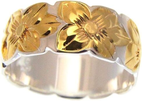 Arthur's Jewelry 925 sterling silver Hawaiian plumeria flower all around 2 tone yellow gold plated 8mm band ring size 3 to 14 in Saudi Arabia