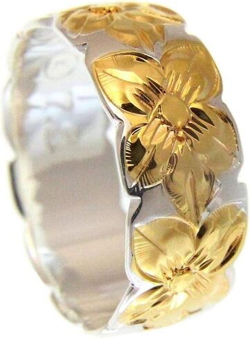 Arthur's Jewelry 925 sterling silver Hawaiian plumeria flower all around 2 tone yellow gold plated 8mm band ring size 3 to 14 in Saudi Arabia