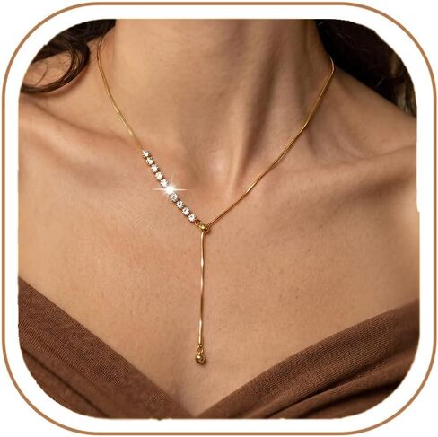 MODRSA Adjustable Gold Long Necklaces for Women Gold Lariat Slip Chain Necklace Rhinestone Y Necklace Non Tarnish Waterproof Vacation Accessories Trendy Mother's Day Birthday Gifts for Women Jewelry in Kuwait