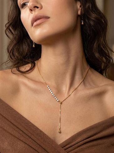 MODRSA Adjustable Gold Long Necklaces for Women Gold Lariat Slip Chain Necklace Rhinestone Y Necklace Non Tarnish Waterproof Vacation Accessories Trendy Mother's Day Birthday Gifts for Women Jewelry in Kuwait