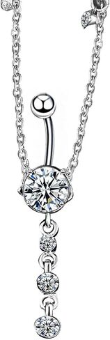 14G Crystal Belly Button Ring with Waist Chain, Adjustable 33.46"-37.40" Stainless Steel Belly Chain for Women, Sparkling Clear CZ Dangle Navel Ring Body Jewelry Set with Lobster Clasp in Saudi Arabia