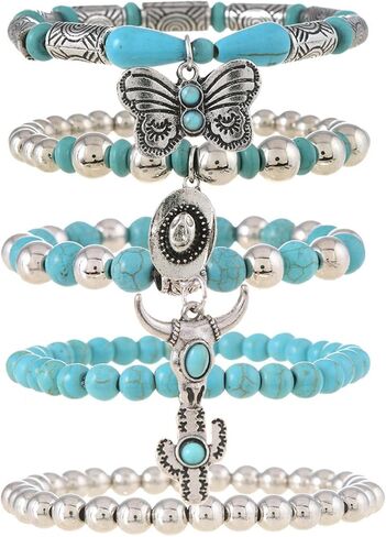 FUTIMELY Boho Stackable Turquoise Bracelet Set for Women,Western Butterfly Hat Beaded Stretch Bracelets.Ethnic Accessories Cowgirl Jewelry Gift in Kuwait