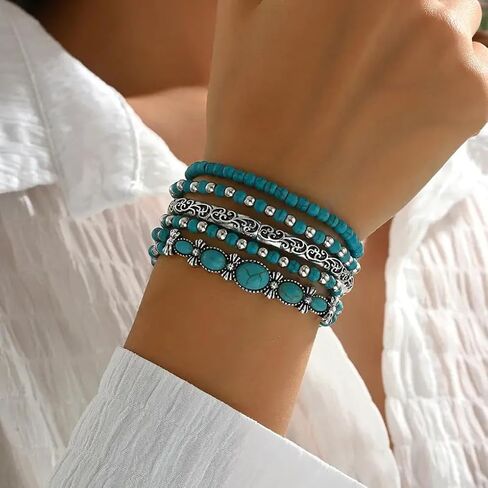 FUTIMELY Boho Stackable Turquoise Bracelet Set for Women,Western Butterfly Hat Beaded Stretch Bracelets.Ethnic Accessories Cowgirl Jewelry Gift in Kuwait
