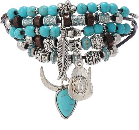 FUTIMELY Boho Stackable Turquoise Bracelet Set for Women,Western Butterfly Hat Beaded Stretch Bracelets.Ethnic Accessories Cowgirl Jewelry Gift in Kuwait