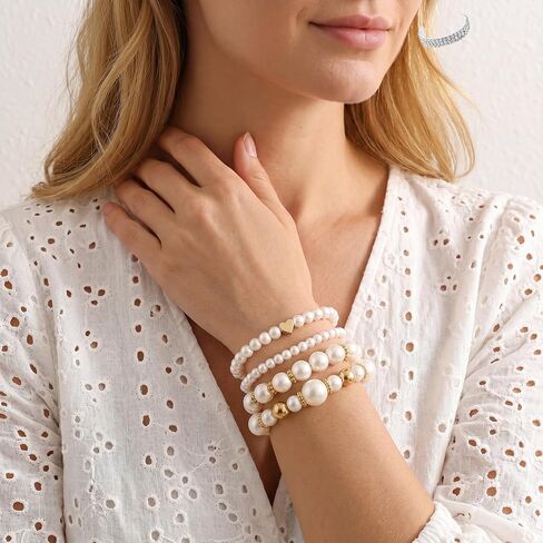 Rbenxia 4 Pcs Pearl Bracelets for Women Pearl Jewelry Set Stretch Bracelets Stackable Layered Fake Jewelry for Wedding Party Costume in Kuwait