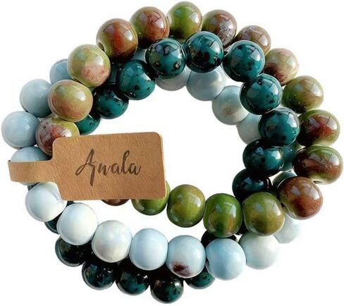 Awala 3-Pack Ceramic Bead Bracelet Set, 8mm Speckled Deep Green, Sky Blue & Turquoise, 8 Inch Unisex Wristbands for Energy & Relaxation in Kuwait